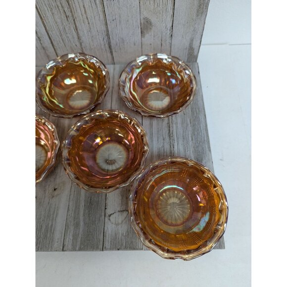 Set Of 7 Vintage Hazel Atlas Marigold Desert Bowls 4 1/2" Diamond Point Columns - Picture 3 of 7